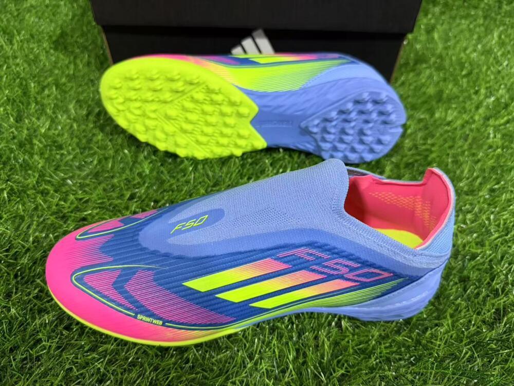 Unisex Adidas F50 Elite Laceless TF Artificial Turf Low-Tops Football Shoes - Blue/Pink/Yellow