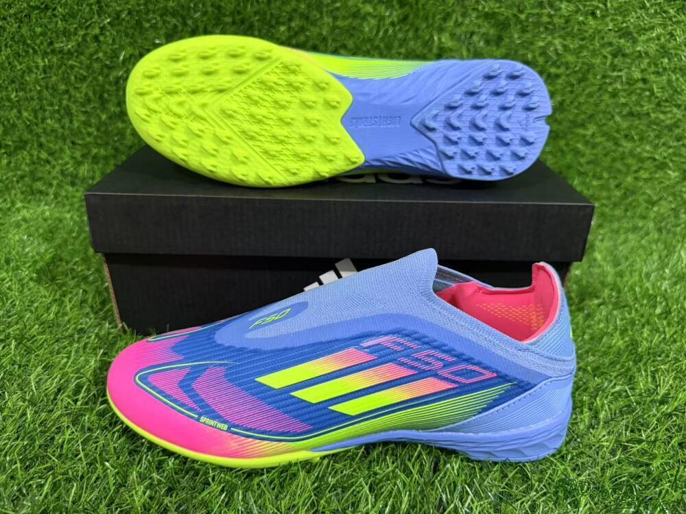 Unisex Adidas F50 Elite Laceless TF Artificial Turf Low-Tops Football Shoes - Blue/Pink/Yellow
