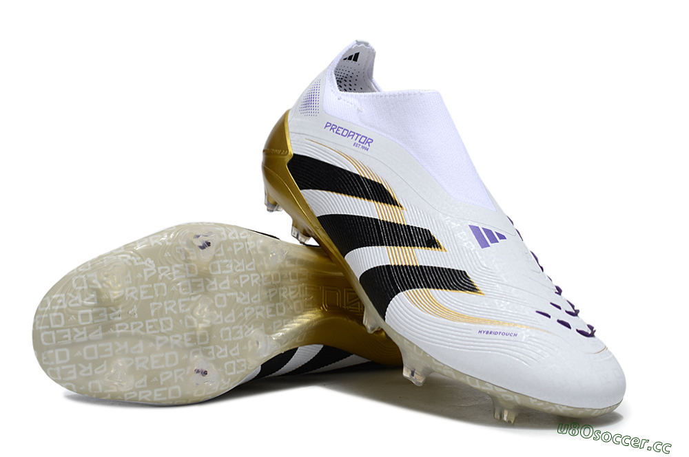 Unisex Adidas Predator 25 Elite Laceless FG Firm Ground Low-Tops Football Boots - White/Black/Gold 3
