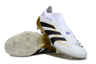 Unisex Adidas Predator 25 Elite Laceless FG Firm Ground Low-Tops Football Boots - White/Black/Gold