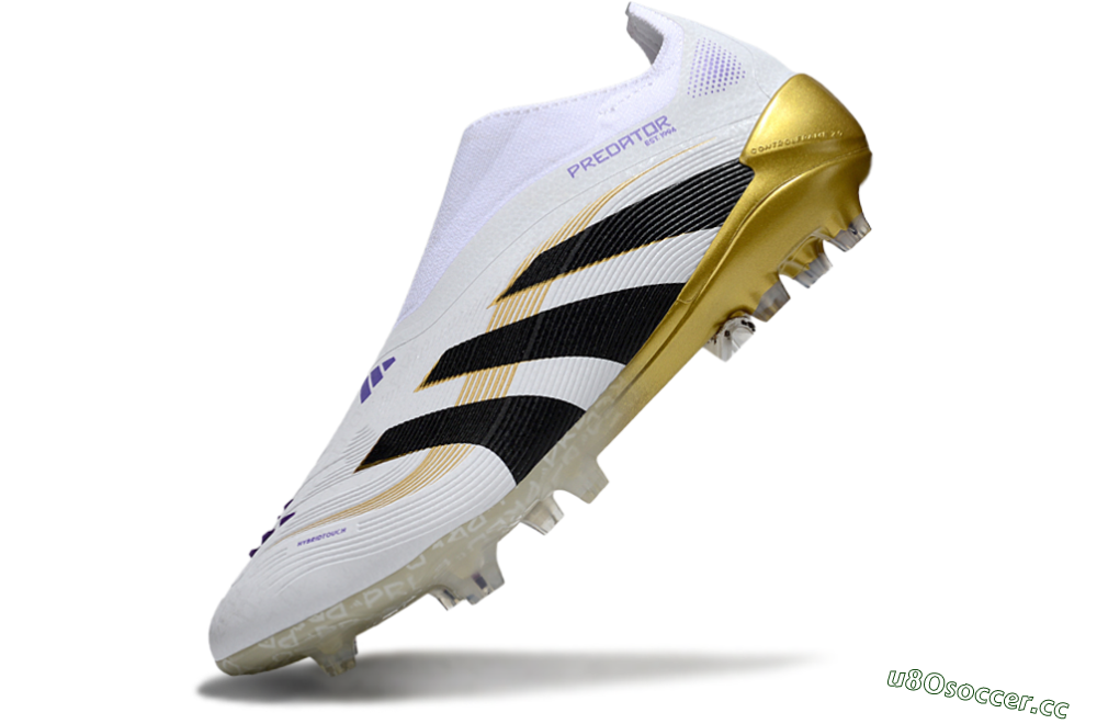 Unisex Adidas Predator 25 Elite Laceless FG Firm Ground Low-Tops Football Boots - White/Black/Gold 5
