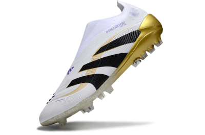 Unisex Adidas Predator 25 Elite Laceless FG Firm Ground Low-Tops Football Boots - White/Black/Gold