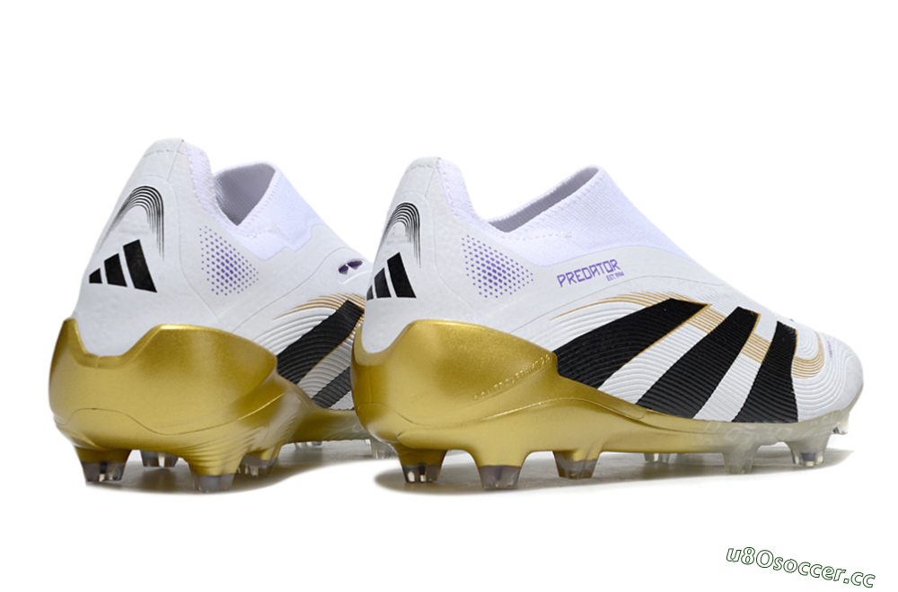 Unisex Adidas Predator 25 Elite Laceless FG Firm Ground Low-Tops Football Boots - White/Black/Gold 6