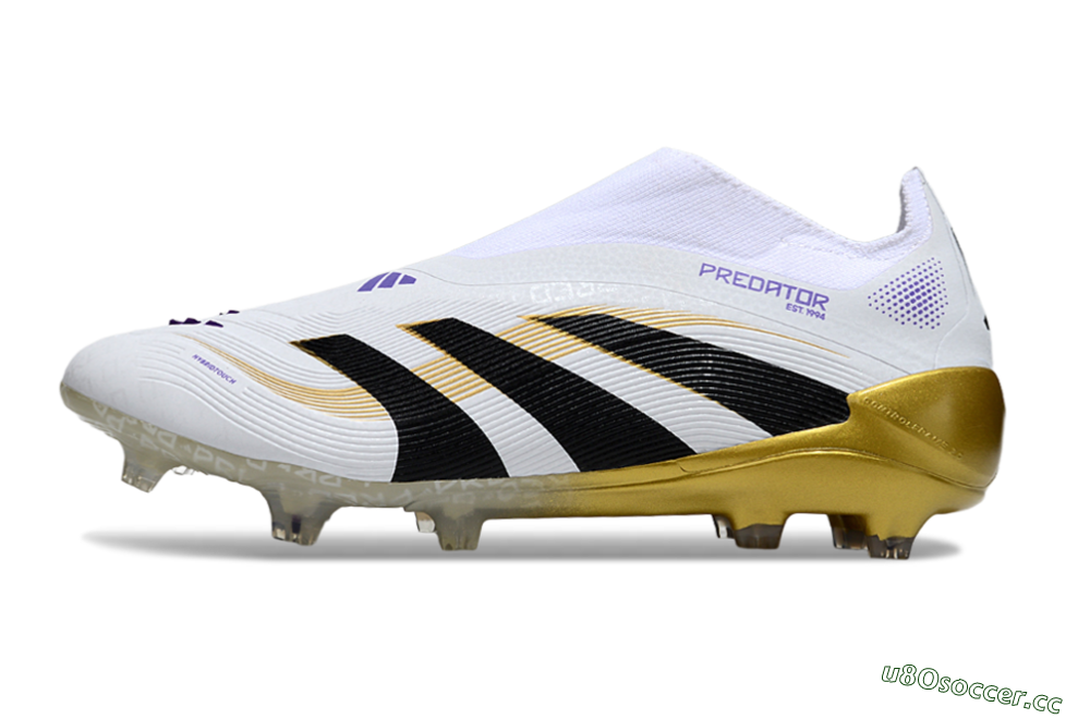 Unisex Adidas Predator 25 Elite Laceless FG Firm Ground Low-Tops Football Boots - White/Black/Gold 0