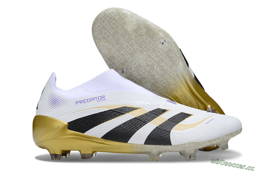 Unisex Adidas Predator 25 Elite Laceless FG Firm Ground Low-Tops Football Boots - White/Black/Gold 2
