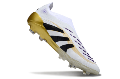 Unisex Adidas Predator 25 Elite Laceless FG Firm Ground Low-Tops Football Boots - White/Black/Gold