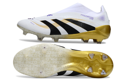 Unisex Adidas Predator 25 Elite Laceless FG Firm Ground Low-Tops Football Boots - White/Black/Gold
