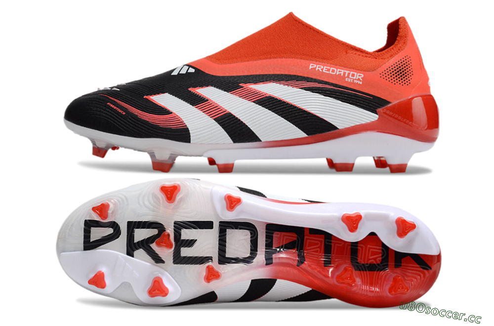 Unisex Adidas Predator 25 Elite Foldover Tongue Laceless FG Firm Ground Low-Tops Football Boots - Black/Red/White 1