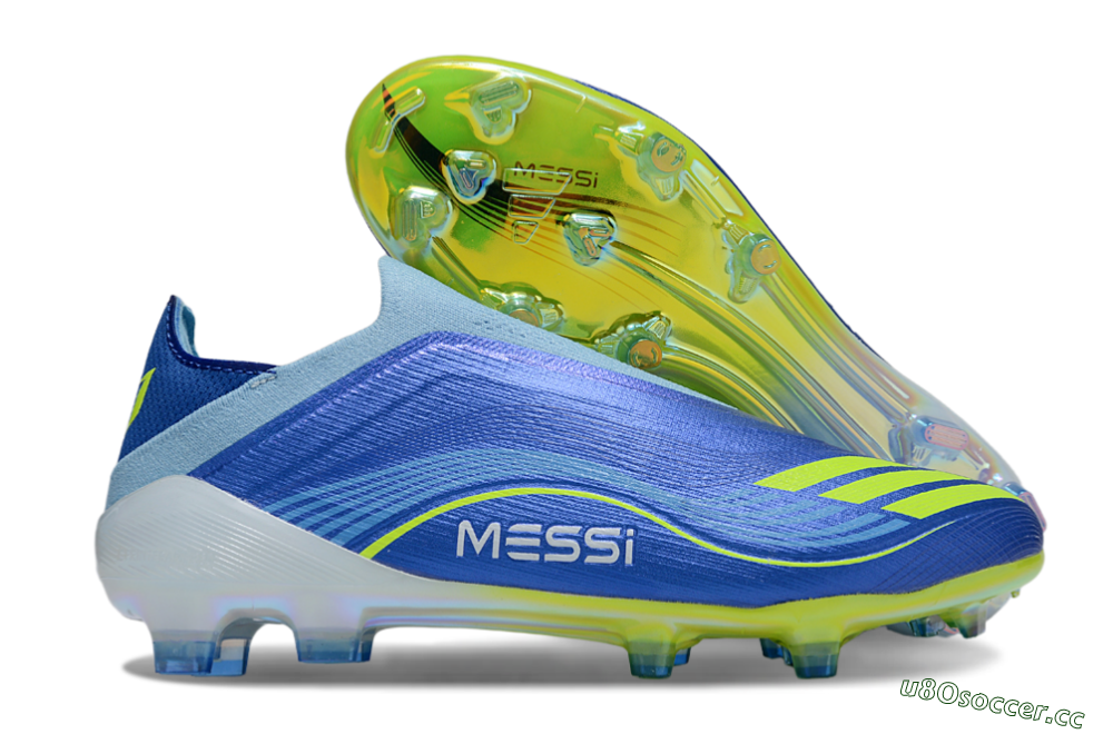 Men's Messi x Adidas F50 Elite Laceless FG Firm Ground Low-Tops Football Boots - Blue/Yellow/White 2