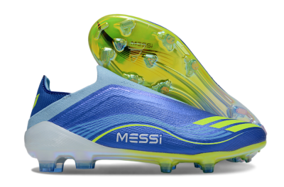Men's Messi x Adidas F50 Elite Laceless FG Firm Ground Low-Tops Football Boots - Blue/Yellow/White