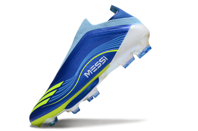 Men's Messi x Adidas F50 Elite Laceless FG Firm Ground Low-Tops Football Boots - Blue/Yellow/White