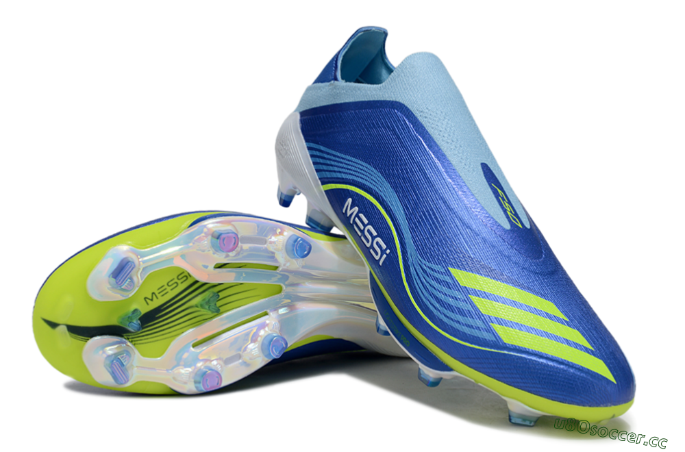 Men's Messi x Adidas F50 Elite Laceless FG Firm Ground Low-Tops Football Boots - Blue/Yellow/White 3