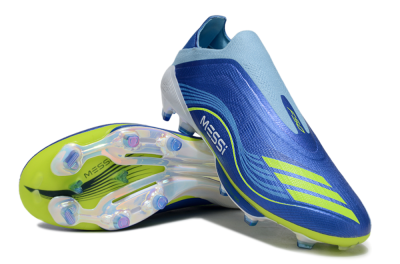 Men's Messi x Adidas F50 Elite Laceless FG Firm Ground Low-Tops Football Boots - Blue/Yellow/White
