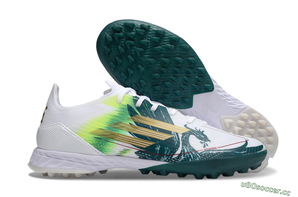 Men's Adidas F50 Pro TF Artificial Turf Low-Tops Football Shoes - White/Green/Yellow 2