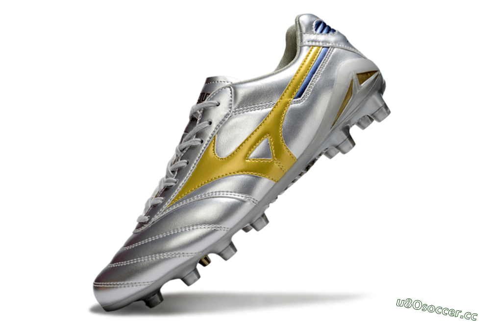 Men's Mizuno Morelia Neo 4 FG Firm Ground Low-Tops Football Boots - Silver/Gold/Blue 5