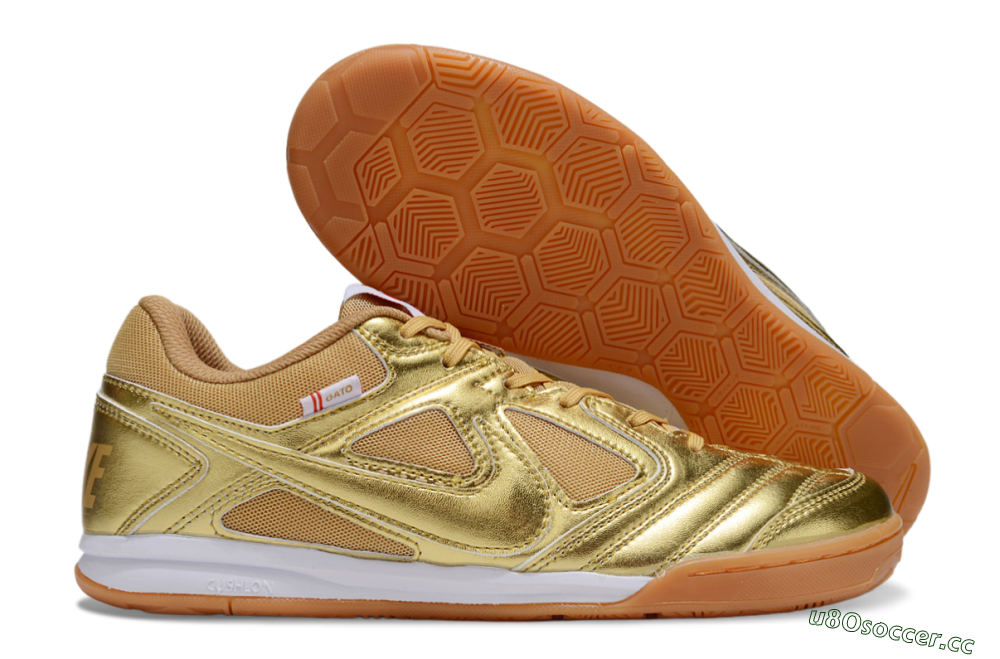 Men's Supreme x Nike SB Gato IC Indoor & Futsal Low-Tops Football Shoes - Gold/White/Brown 2