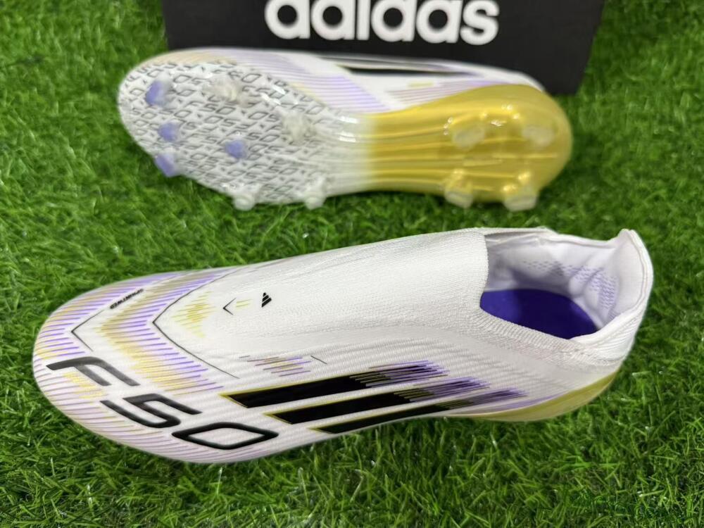 Unisex Adidas F50 Elite Laceless FG Firm Ground Low-Tops Football Boots - White/Purple/Black/Gold