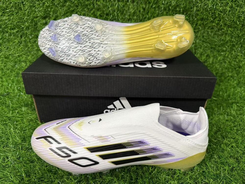 Unisex Adidas F50 Elite Laceless FG Firm Ground Low-Tops Football Boots - White/Purple/Black/Gold