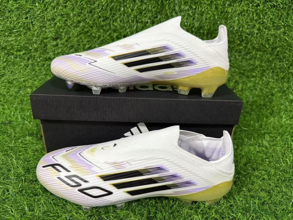 Unisex Adidas F50 Elite Laceless FG Firm Ground Low-Tops Football Boots - White/Purple/Black/Gold