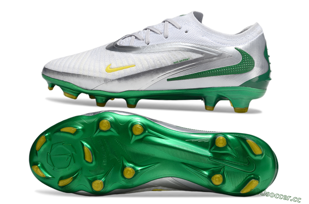 Men's Nike Phantom 6 Elite Low FG Firm Ground Low-Tops Football Boots - White/Silver/Green 1