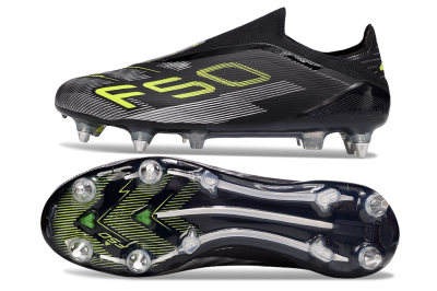 Men's Adidas F50 Elite Laceless SG Soft Ground Low-Tops Football Boots - Black/Silver/Yellow