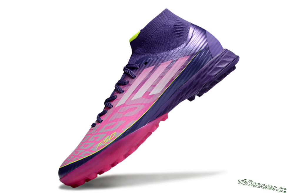 Men's Adidas F50+ Elite Mid TF Artificial Turf High-Tops Football Shoes - Pink/Yellow/Purple 5