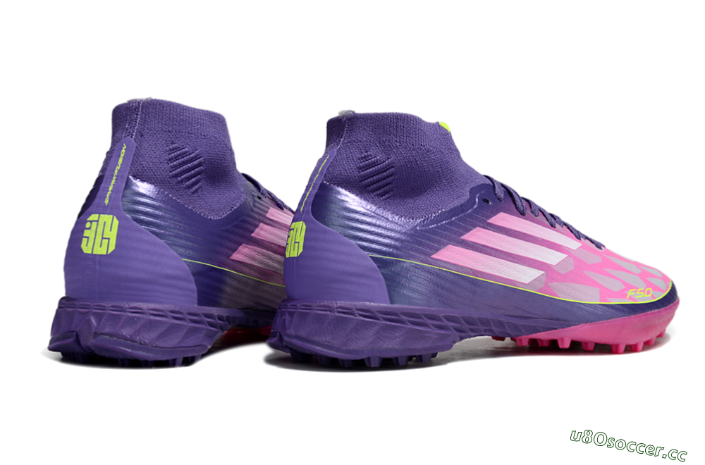 Men's Adidas F50+ Elite Mid TF Artificial Turf High-Tops Football Shoes - Pink/Yellow/Purple 6