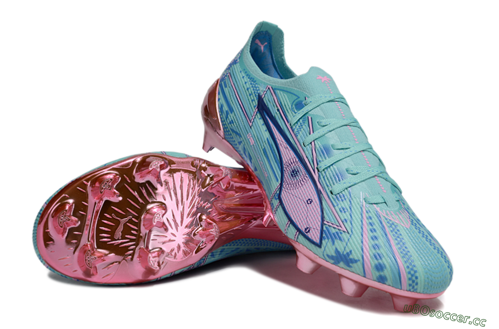 Men's Puma Ultra Ultimate FG Firm Ground Low-Tops Football Boots - Jade/Blue/Pink 3