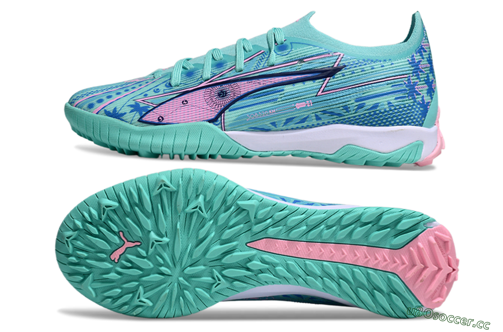 Men's Puma Ultra Ultimate TF Artificial Turf Low-Tops Football Shoes - Jade/Blue/Pink 1
