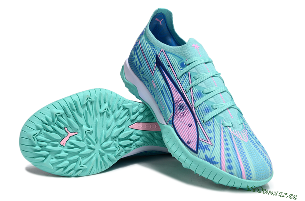 Men's Puma Ultra Ultimate TF Artificial Turf Low-Tops Football Shoes - Jade/Blue/Pink 3