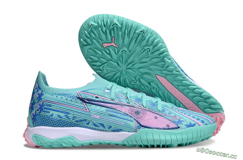 Men's Puma Ultra Ultimate TF Artificial Turf Low-Tops Football Shoes - Jade/Blue/Pink 2