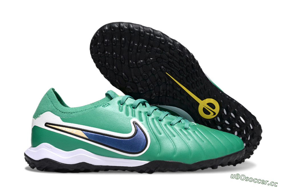 Men's Nike Tiempo Legend 10 Pro TF Artificial Turf Low-Tops Football Shoes - Green/Blue/White 2
