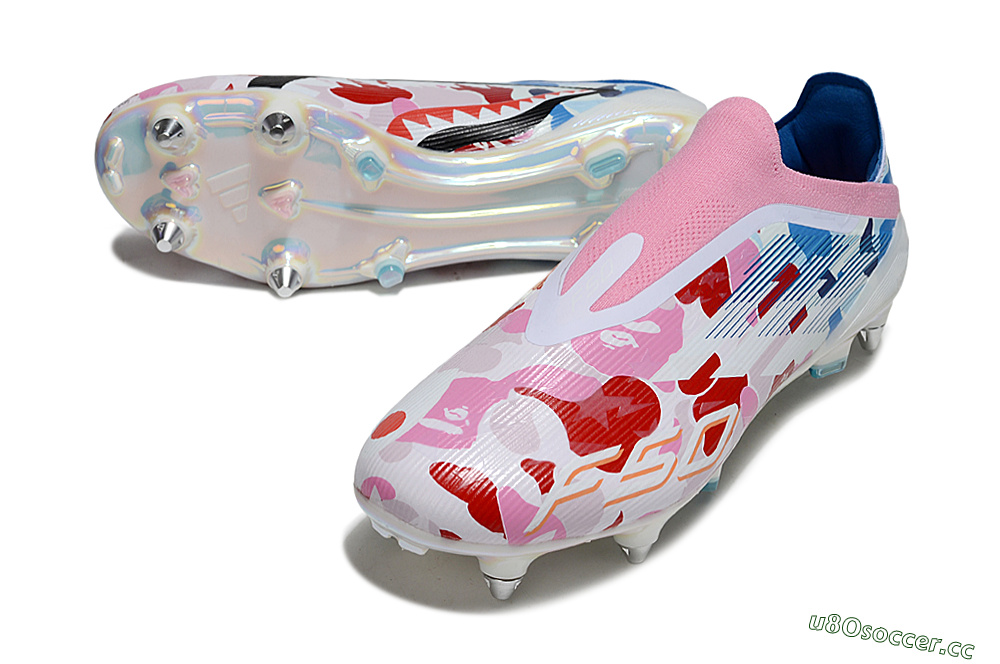 Men's Adidas F50 Elite Laceless SG Soft Ground Low-Tops Football Boots - Pink/Whtie/Blue/Red 3