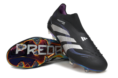 Unisex Adidas Predator 25 Elite Laceless FG Firm Ground Low-Tops Football Boots - Black/Silver/Blue