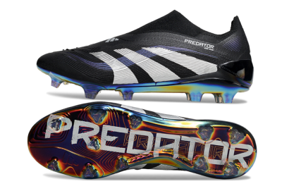 Unisex Adidas Predator 25 Elite Laceless FG Firm Ground Low-Tops Football Boots - Black/Silver/Blue
