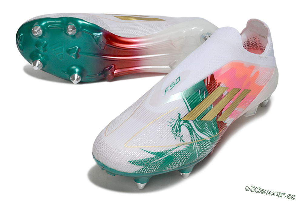 Men's Adidas F50 Elite Laceless SG Soft Ground Low-Tops Football Boots - White/Green/Gold/Red 3