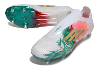 Men's Adidas F50 Elite Laceless SG Soft Ground Low-Tops Football Boots - White/Green/Gold/Red