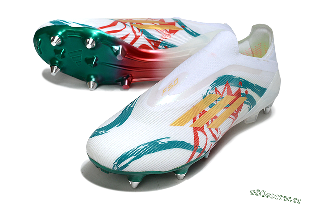 Men's Adidas F50 Elite Laceless SG Soft Ground Low-Tops Football Boots - White/Green/Gold/Red 3