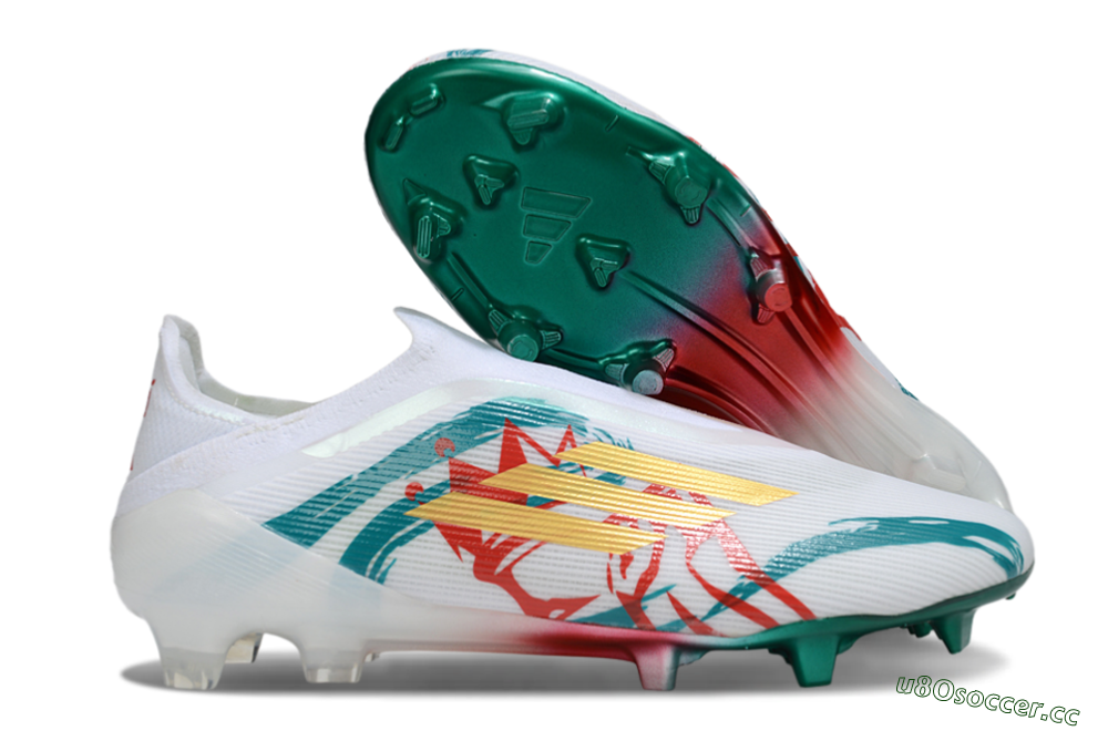 Unisex Adidas F50 Elite Laceless FG Firm Ground Low-Tops Football Boots - White/Green/Gold/Red 2