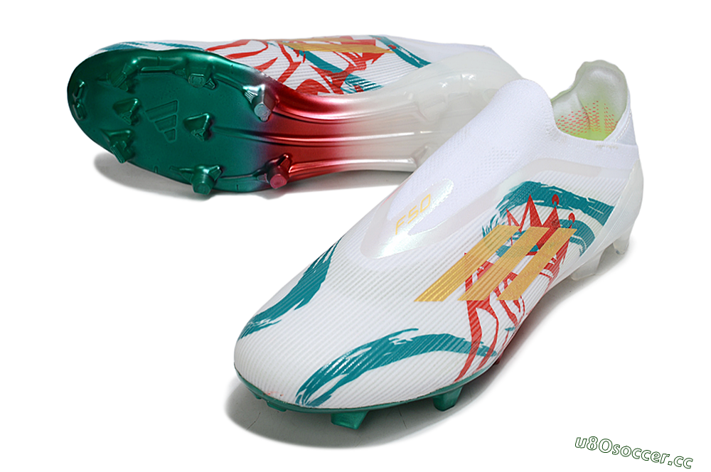 Unisex Adidas F50 Elite Laceless FG Firm Ground Low-Tops Football Boots - White/Green/Gold/Red 3