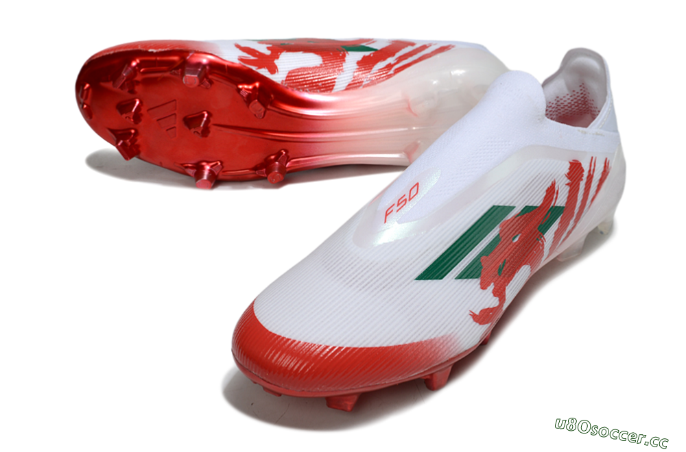 Unisex Adidas F50 Elite Laceless FG Firm Ground Low-Tops Football Boots - White/Green/Red 3