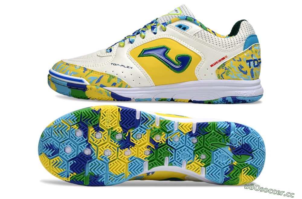Men's Joma Top Flex IC Indoor & Futsal Low-Tops Football Shoes - White/Yellow/Blue 1