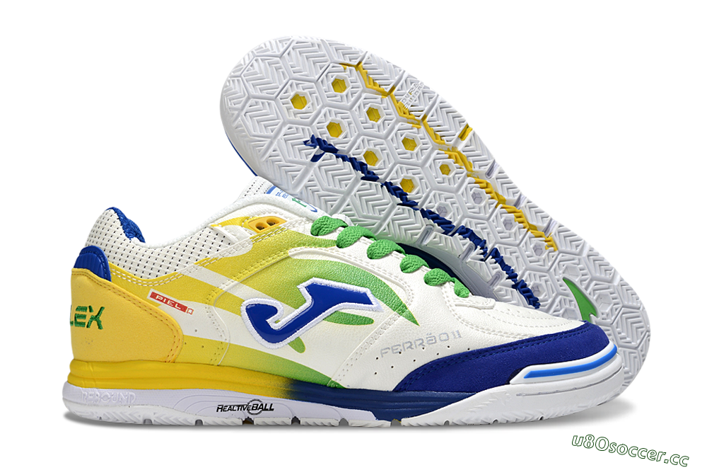 Men's Joma Top Flex IC Indoor & Futsal Low-Tops Football Shoes - White/Blue/Yellow 2