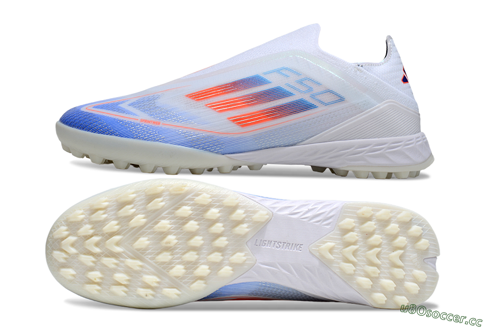 Men's Adidas F50+ Elite Laceless TF Artificial Turf Low-Tops Football Shoes - White/Blue/Red 1