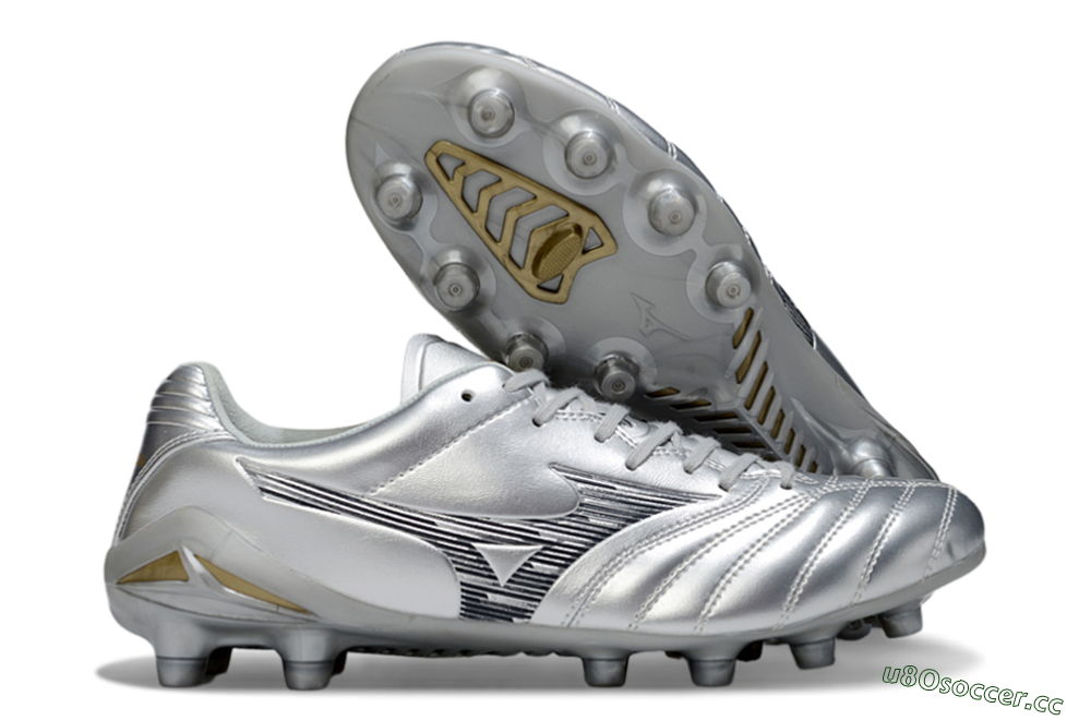 Men's Mizuno Morelia Neo 4 FG Firm Ground Low-Tops Football Boots - Silver/Black/Gold 2