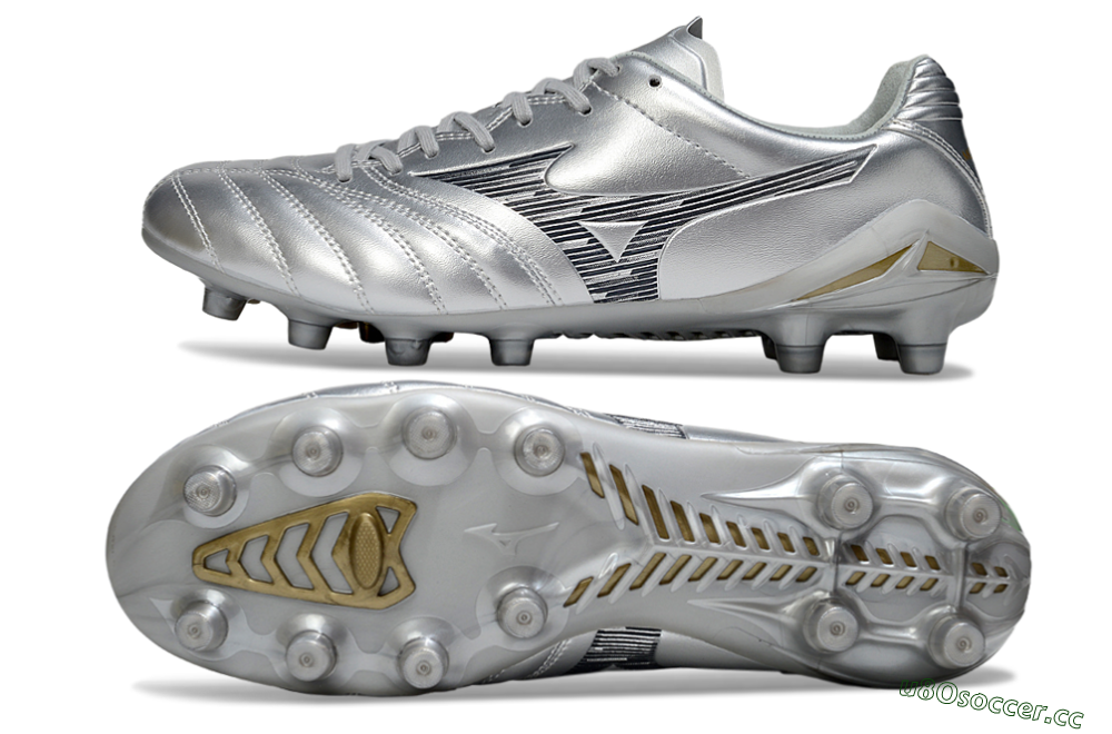 Men's Mizuno Morelia Neo 4 FG Firm Ground Low-Tops Football Boots - Silver/Black/Gold 1