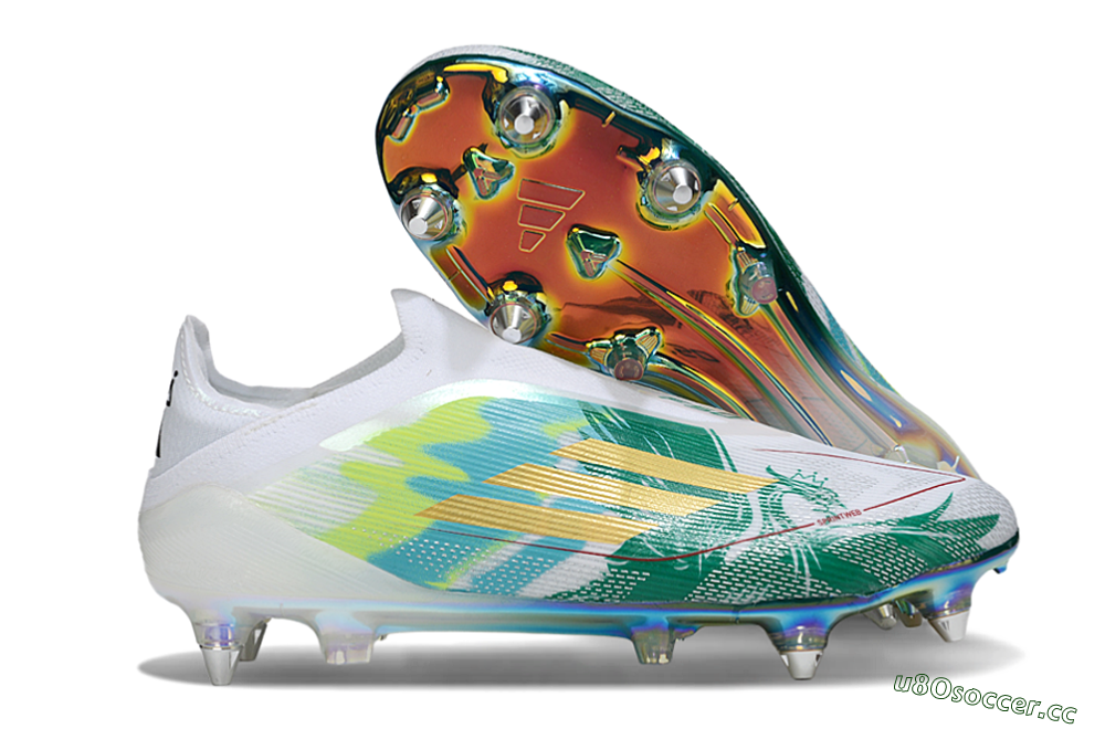 Men's Adidas F50 Elite Laceless SG Soft Ground Low-Tops Football Boots - White/Green/Gold 2