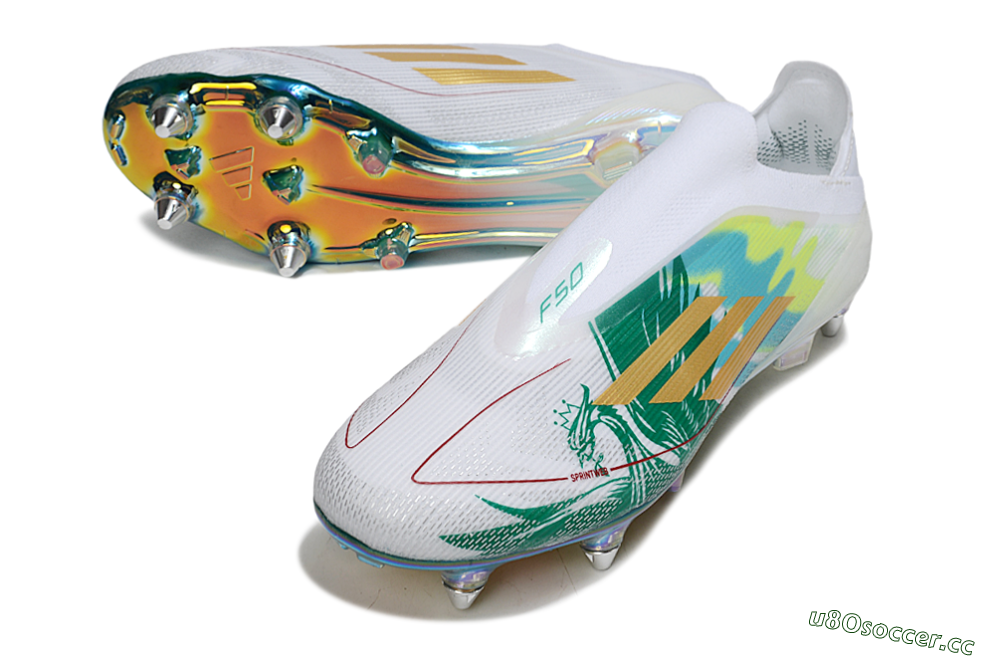 Men's Adidas F50 Elite Laceless SG Soft Ground Low-Tops Football Boots - White/Green/Gold 3