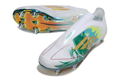 Men's Adidas F50 Elite Laceless SG Soft Ground Low-Tops Football Boots - White/Green/Gold