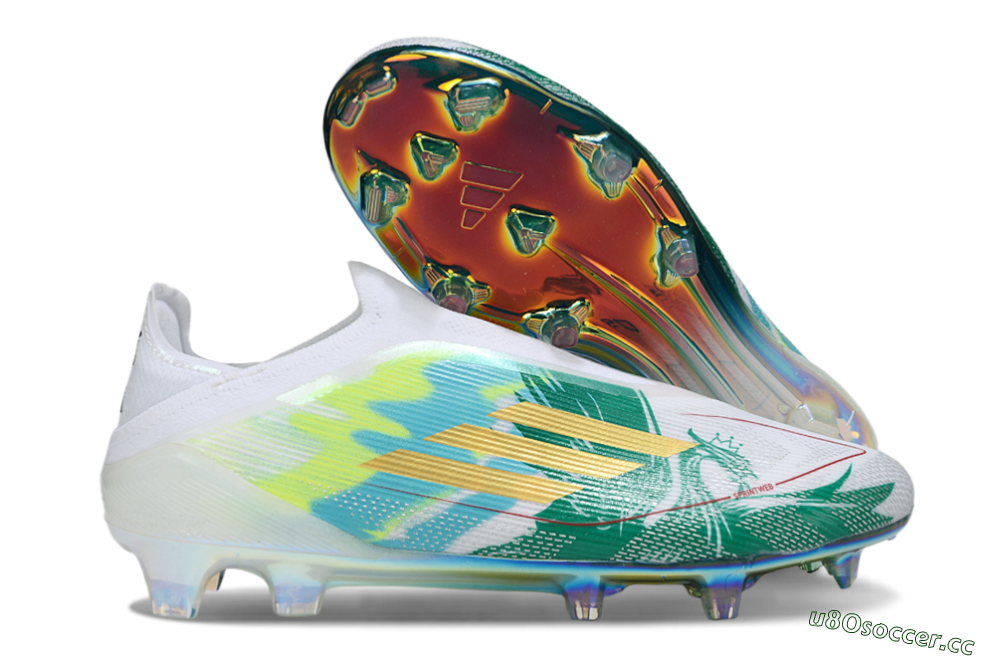 Unisex Adidas F50 Elite Laceless FG Firm Ground Low-Tops Football Boots - White/Green/Gold 2